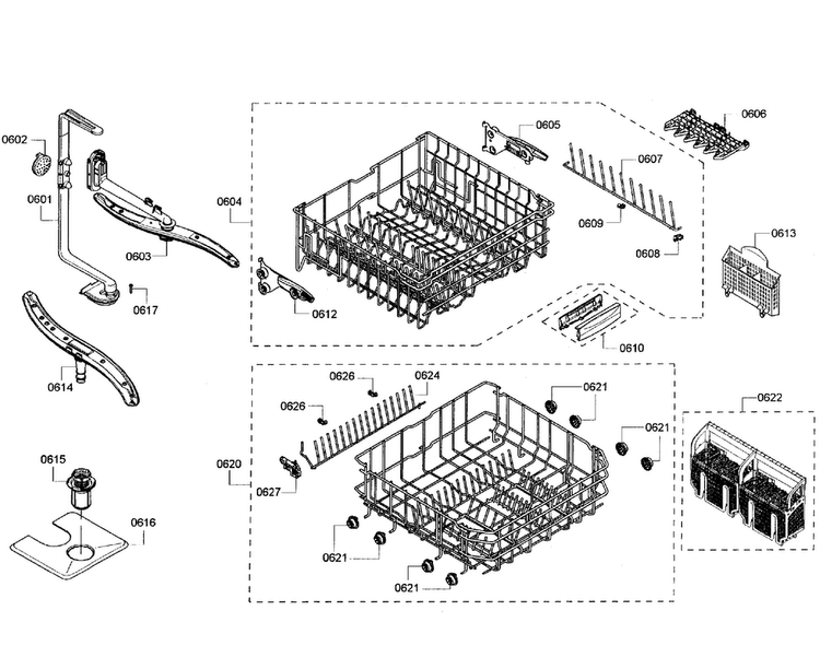 Baskets Diagram and Parts List for SHX55R52UC 64 Bosch Dishwasher