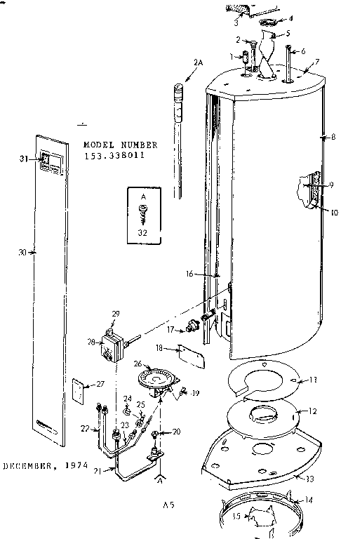 Replacement Parts Diagram and Parts List for 153338011  Kenmore Water Heater
