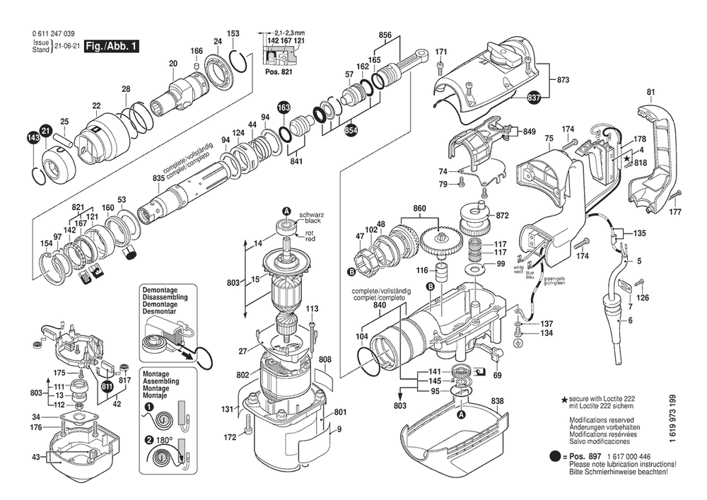 Section 1 Diagram and Parts List for GBH5-38 0611247039 Bosch Hammer Drill
