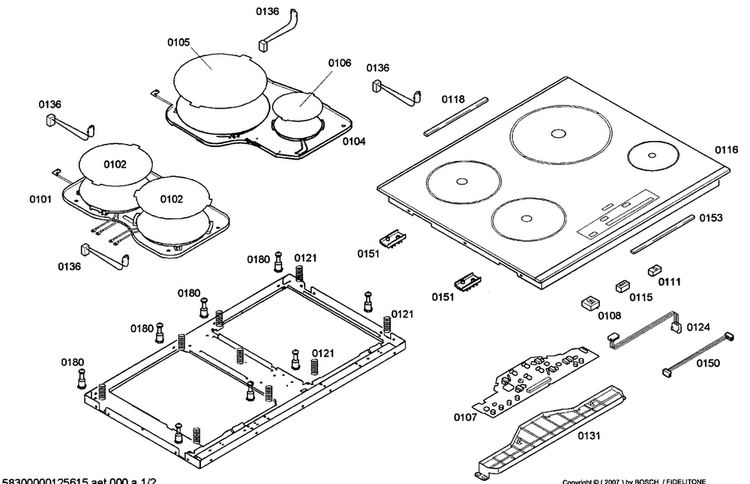 Main Cooktop Diagram and Parts List for NIT8053UC 01 Bosch Cooktop