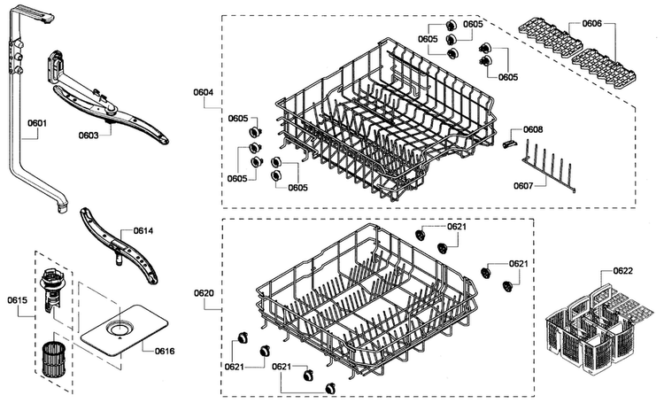 Baskets Assy Diagram and Parts List for SHX6AP05UC 01 Bosch Dishwasher