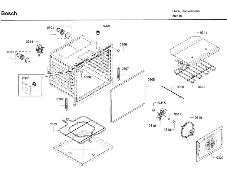 Inner Parts Diagram and Parts List for HBN5651UC 03 Bosch Wall Oven
