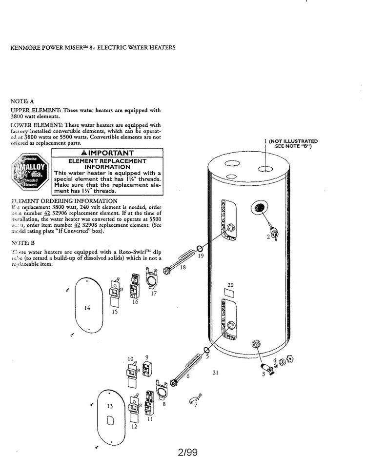 Power Miser 30/40/50/66/82 Gallon Diagram and Parts List for 153327864  Kenmore Water Heater