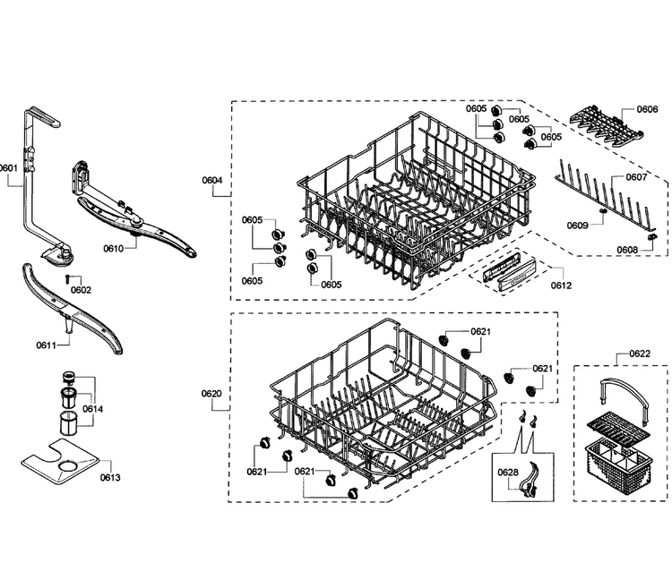Baskets Diagram and Parts List for SHE43F16UC 61 Bosch Dishwasher