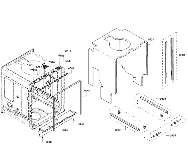 Cabinet Diagram and Parts List for SHX53T55UC 01 Bosch Dishwasher
