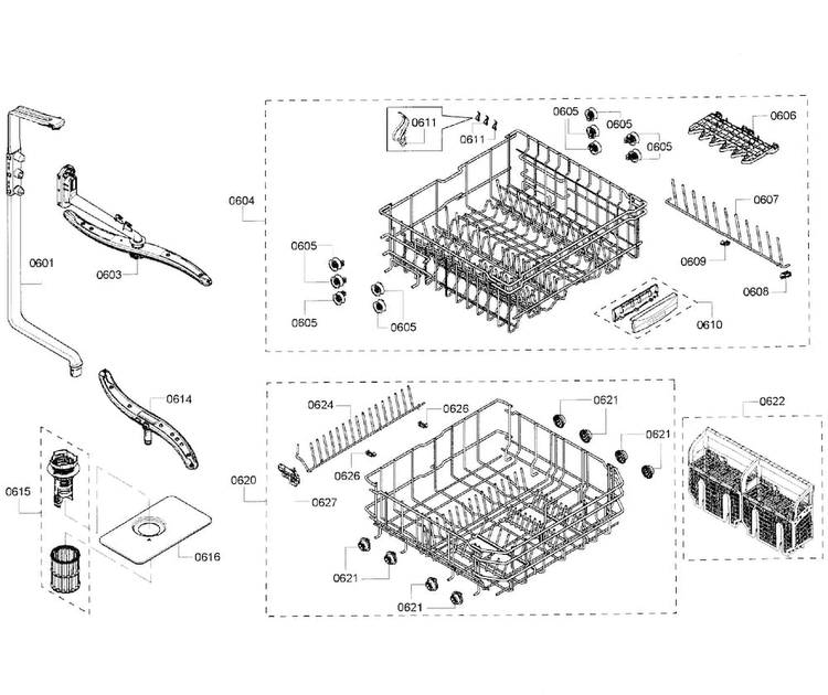 Baskets Diagram and Parts List for SHE6AF02UC 05 Bosch Dishwasher