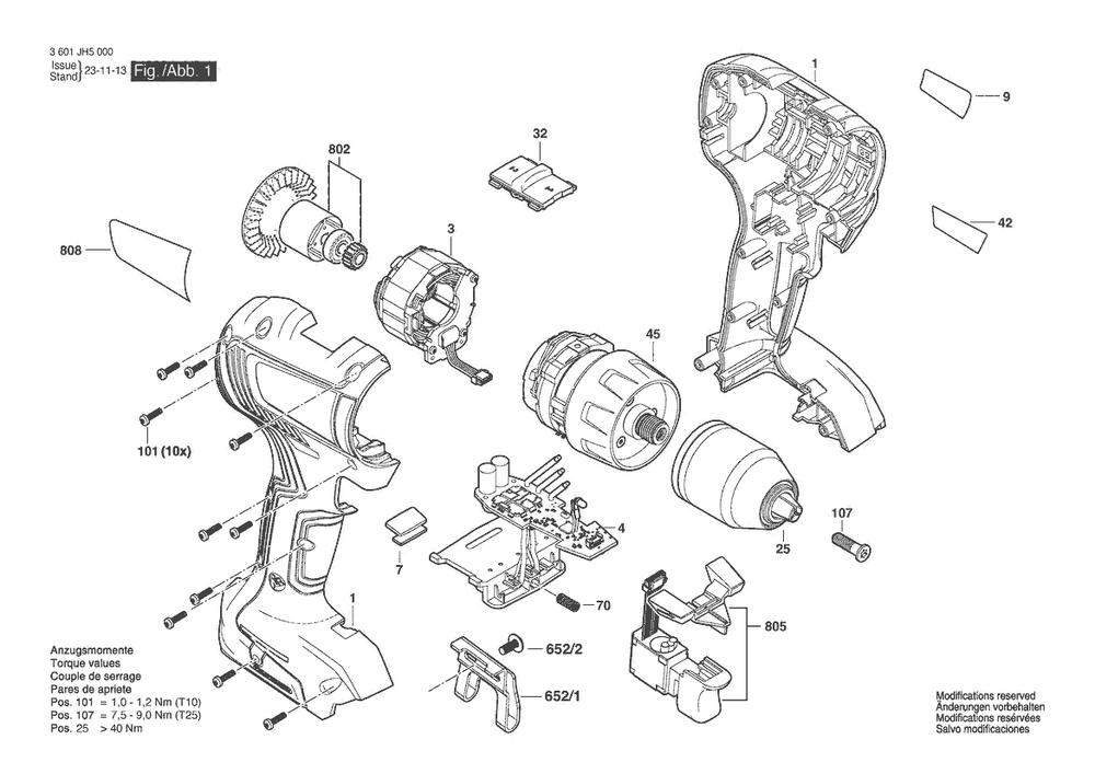 Section 1 Diagram and Parts List for 3601JH5250  Bosch Cordless Drill