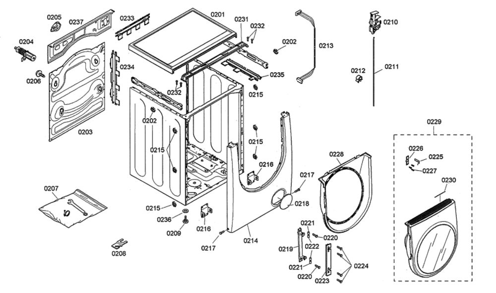 Door/Top Panel Diagram and Parts List for WFMC2201UC 15 Bosch Washer