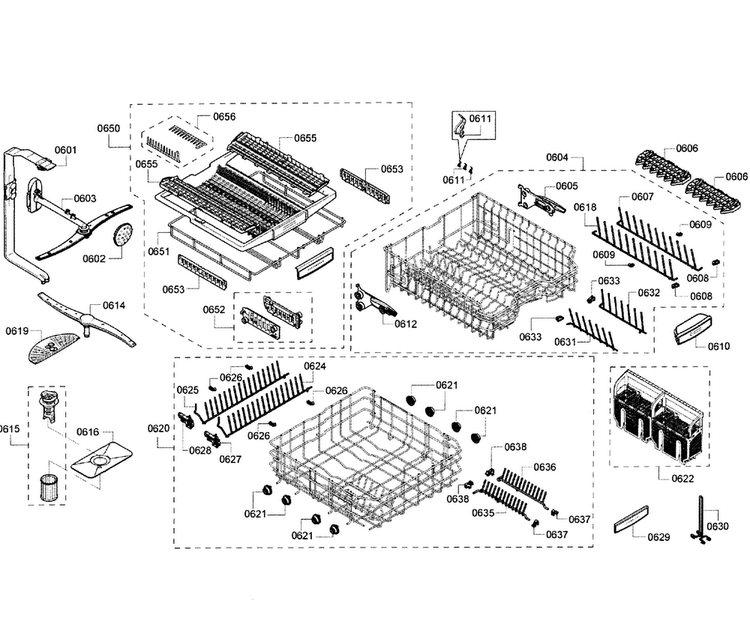 Baskets Diagram and Parts List for SHE8PT55UC 01 Bosch Dishwasher