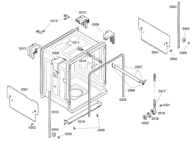 Cabinet Diagram and Parts List for SHE43C05UC 22 Bosch Dishwasher