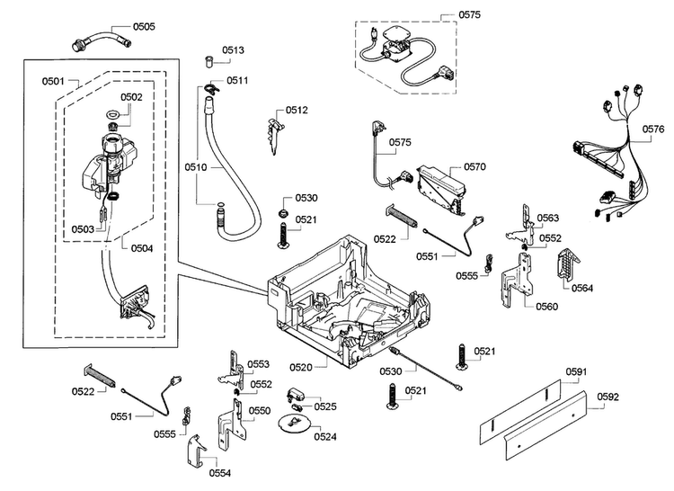 Base Diagram and Parts List for SPE5ES55UC 28 Bosch Dishwasher
