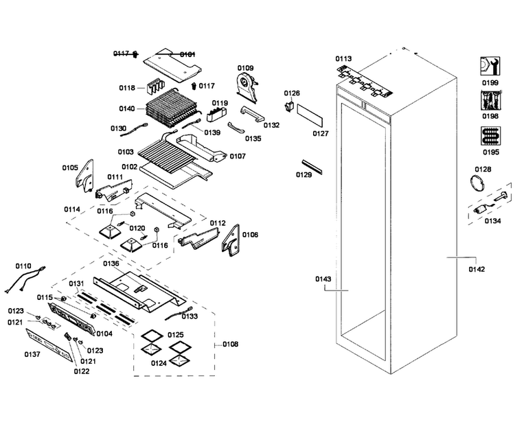 Cabinet Parts Diagram and Parts List for T24ID80NLP 34 Thermador Freezer