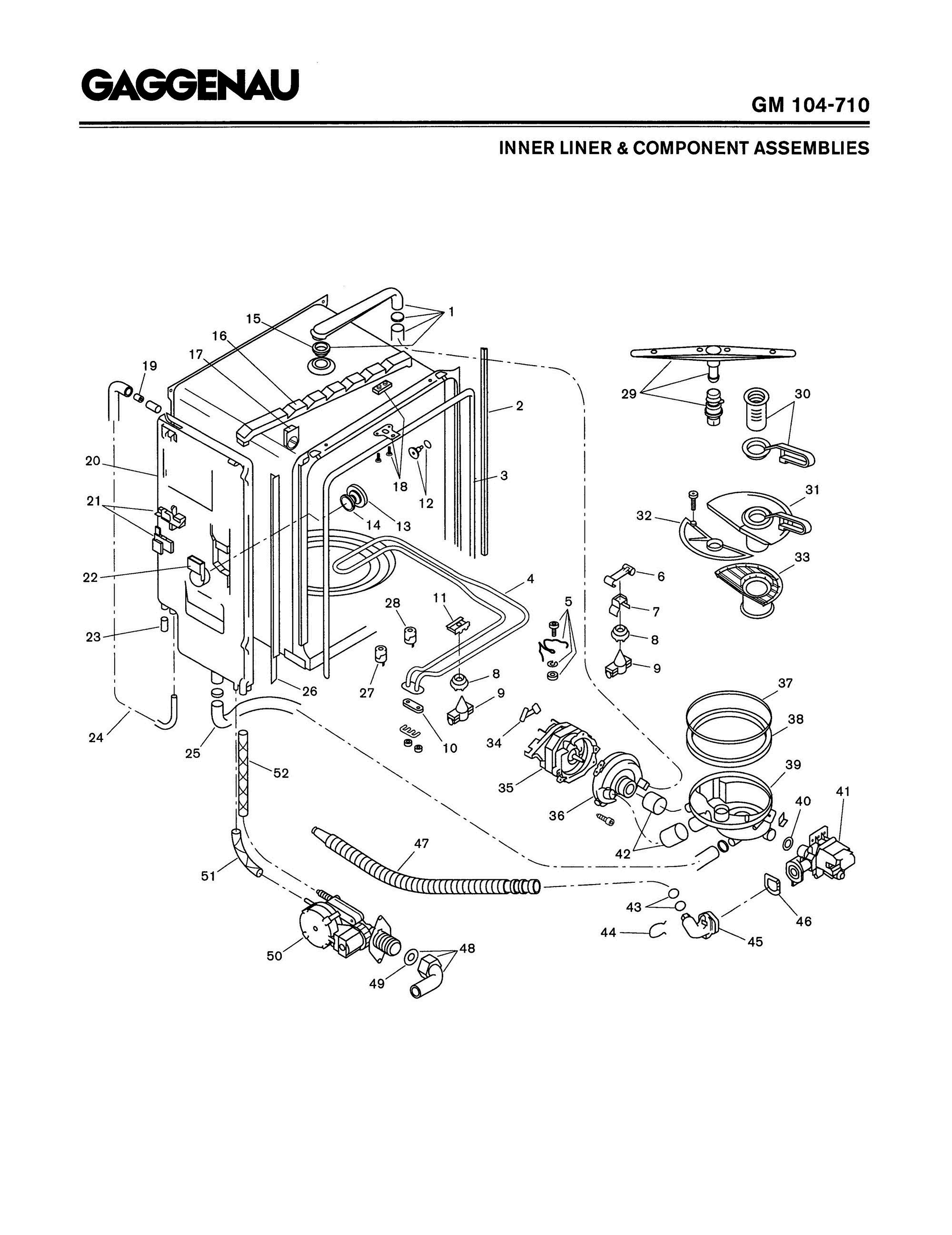 01 - INNER LINER & COMPONENT ASSEMBLIES Diagram and Parts List for GM104-710  Bosch Dishwasher