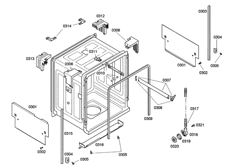 Cabinet Diagram and Parts List for SHE43C02UC 18 Bosch Dishwasher