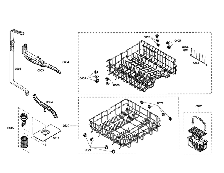Racks/spray Arm Diagram and Parts List for SHE4AM12UC 01 Bosch Dishwasher