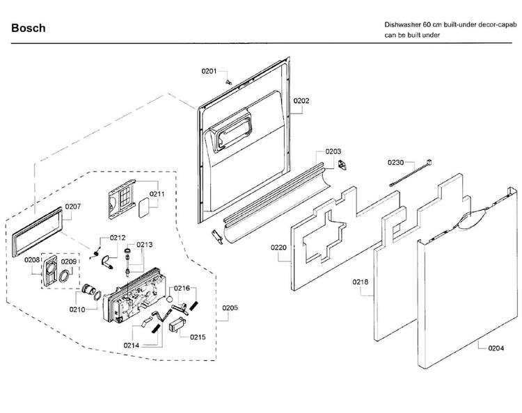 Door Diagram and Parts List for SHE65P05UC 63 Bosch Dishwasher