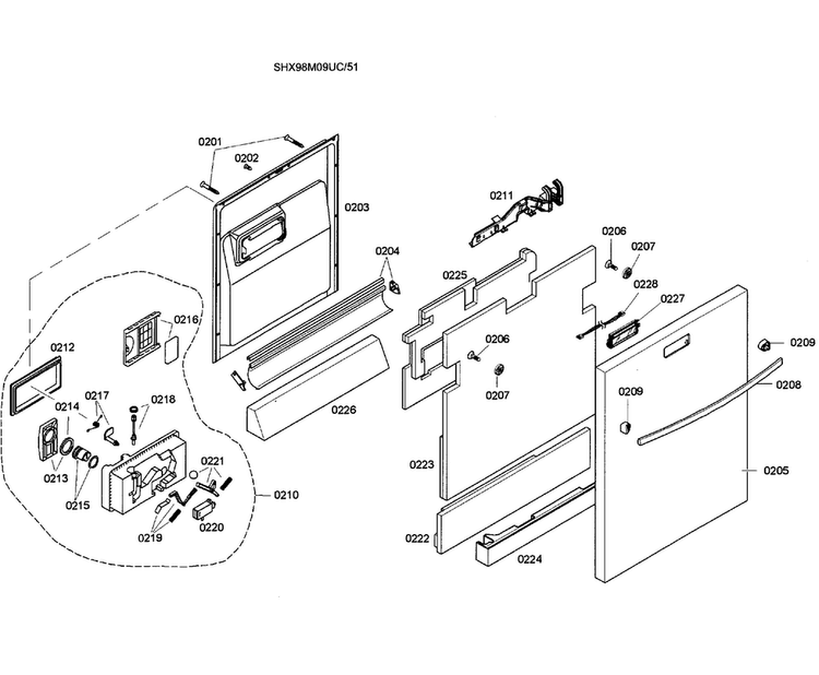 Door Assy Diagram and Parts List for SHX98M09UC 51 Bosch Dishwasher