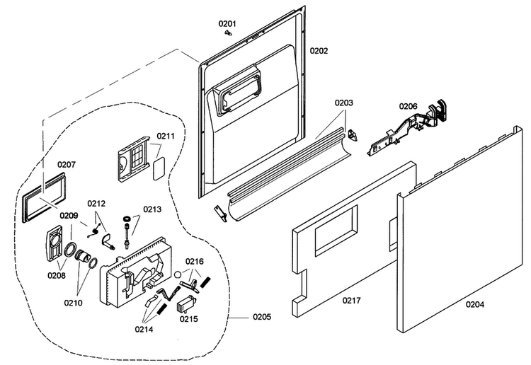 Door Assy Diagram and Parts List for SHE43C02UC 46 Bosch Dishwasher