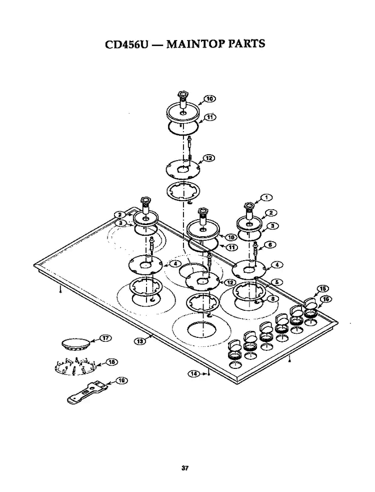 Maintop Diagram and Parts List for CD456U  Thermador Cooktop