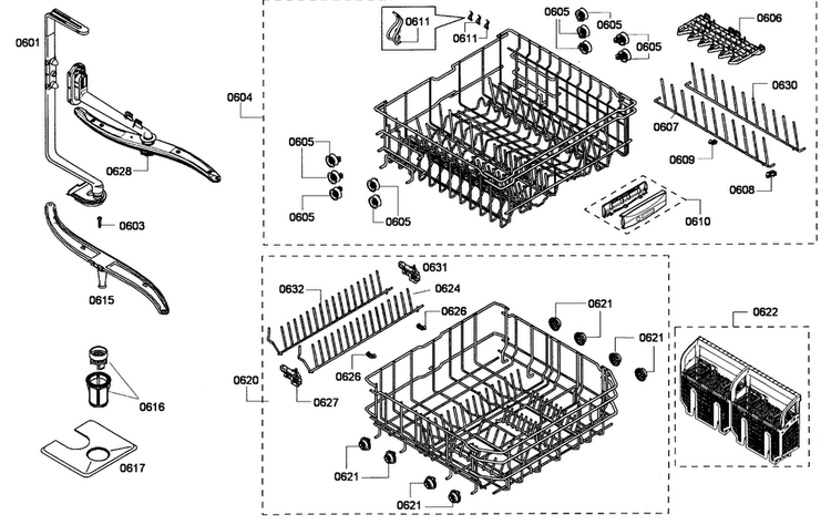 Racks Assy Diagram and Parts List for SHX45P02UC 53 Bosch Dishwasher