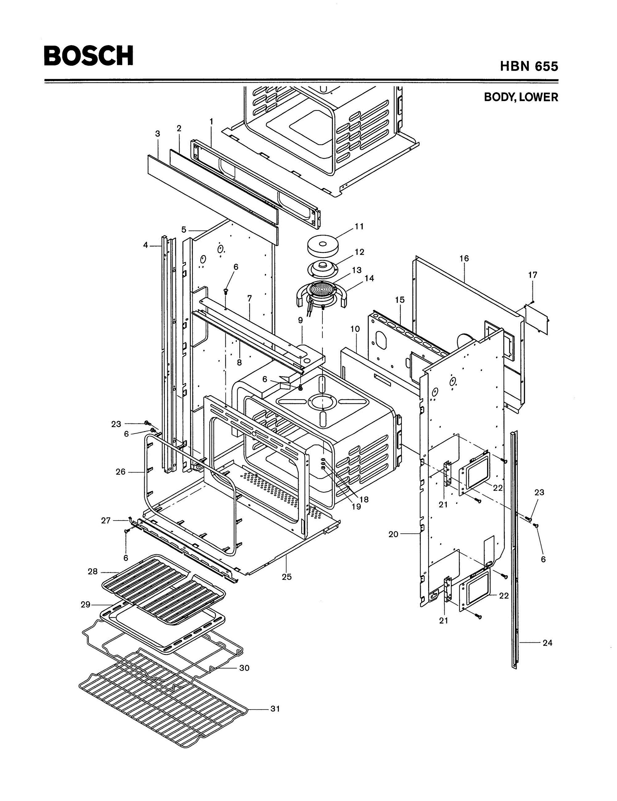 02 - BODY, LOWER Diagram and Parts List for HBN655  Bosch Range