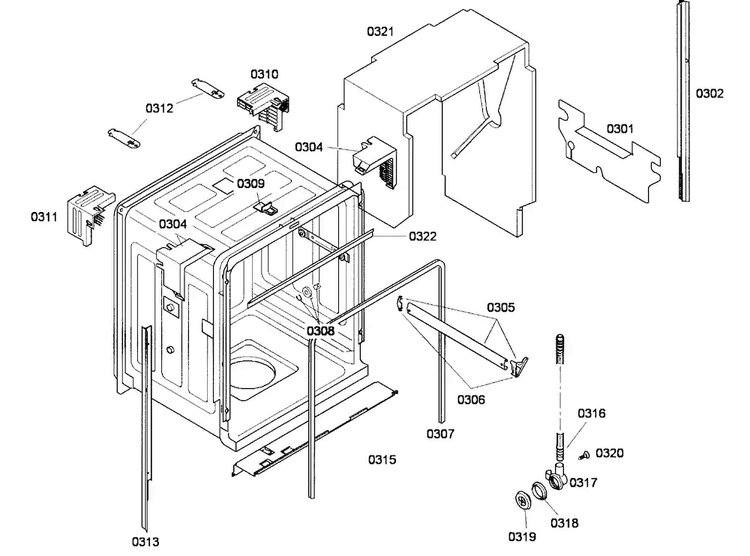 Cabinet Diagram and Parts List for SHE43M05UC 52 Bosch Dishwasher