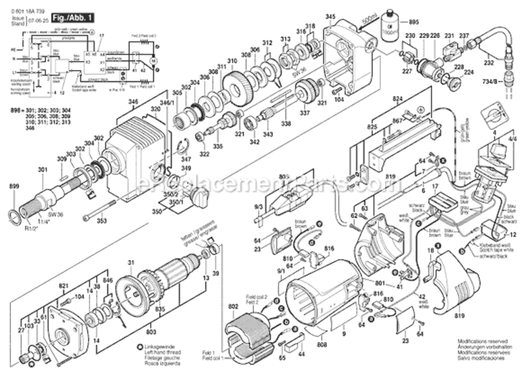 Page A Diagram and Parts List for GDB2200WE 060118A739 Bosch Electric Drill