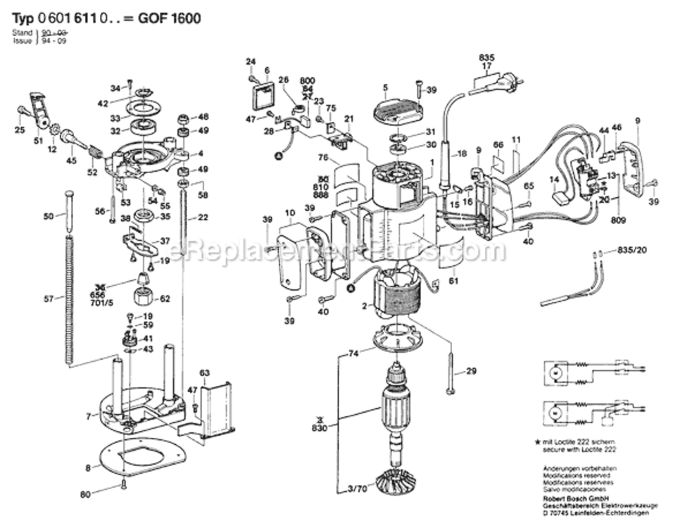 Page A Diagram and Parts List for GOF1600 0601611061 Bosch Router