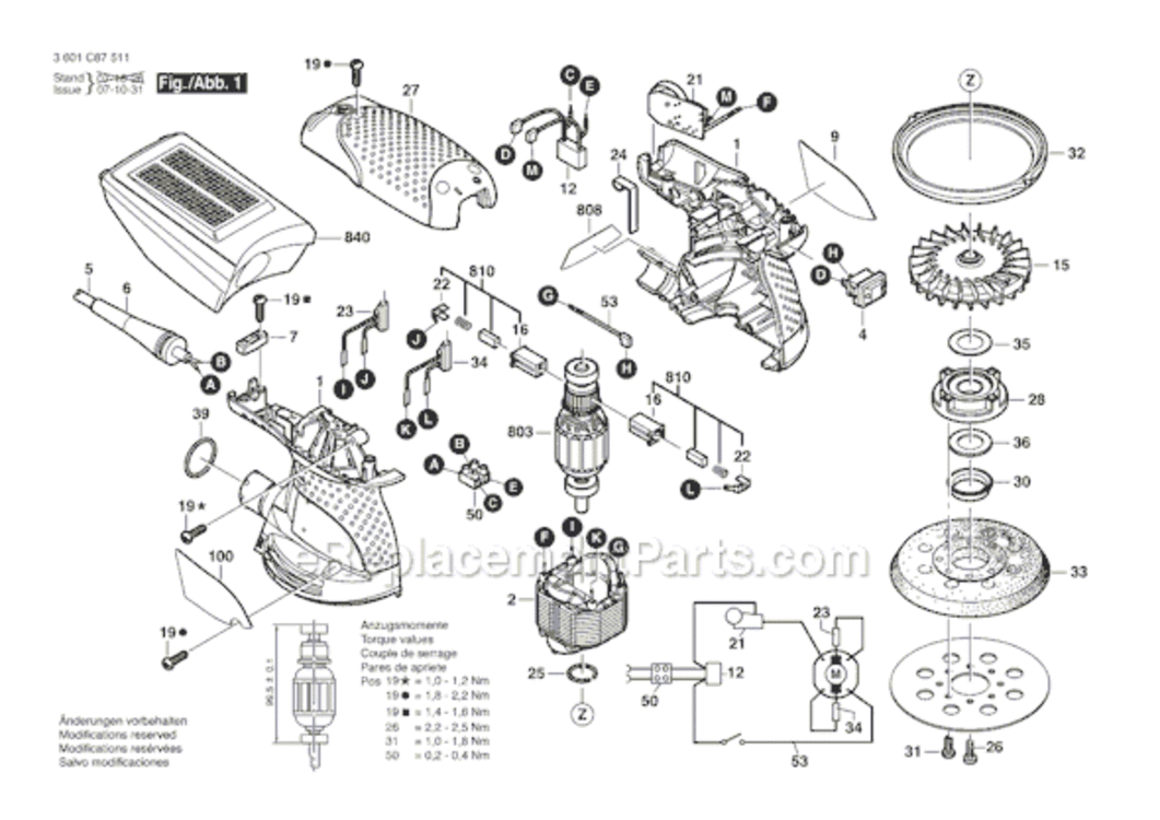 Page A Diagram and Parts List for ROS20VSK 3601C87511 Bosch Orbital or Palm Sander