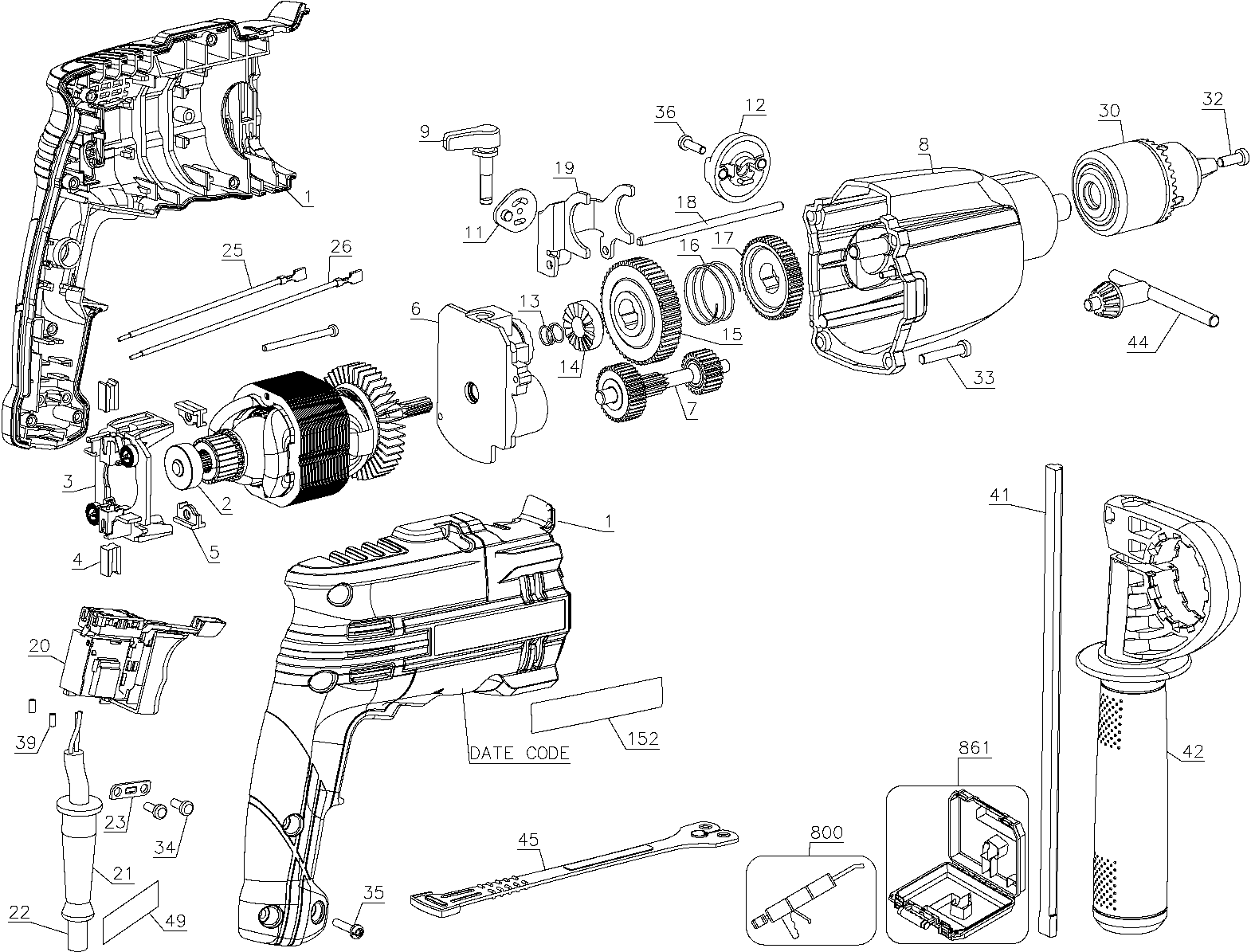 Default Diagram and Parts List for BTE141K Type 1 Bostitch Boring Machine