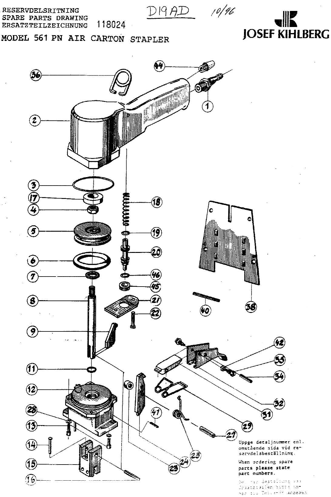 Default Diagram and Parts List for D19AD Type 0 Bostitch Nailer