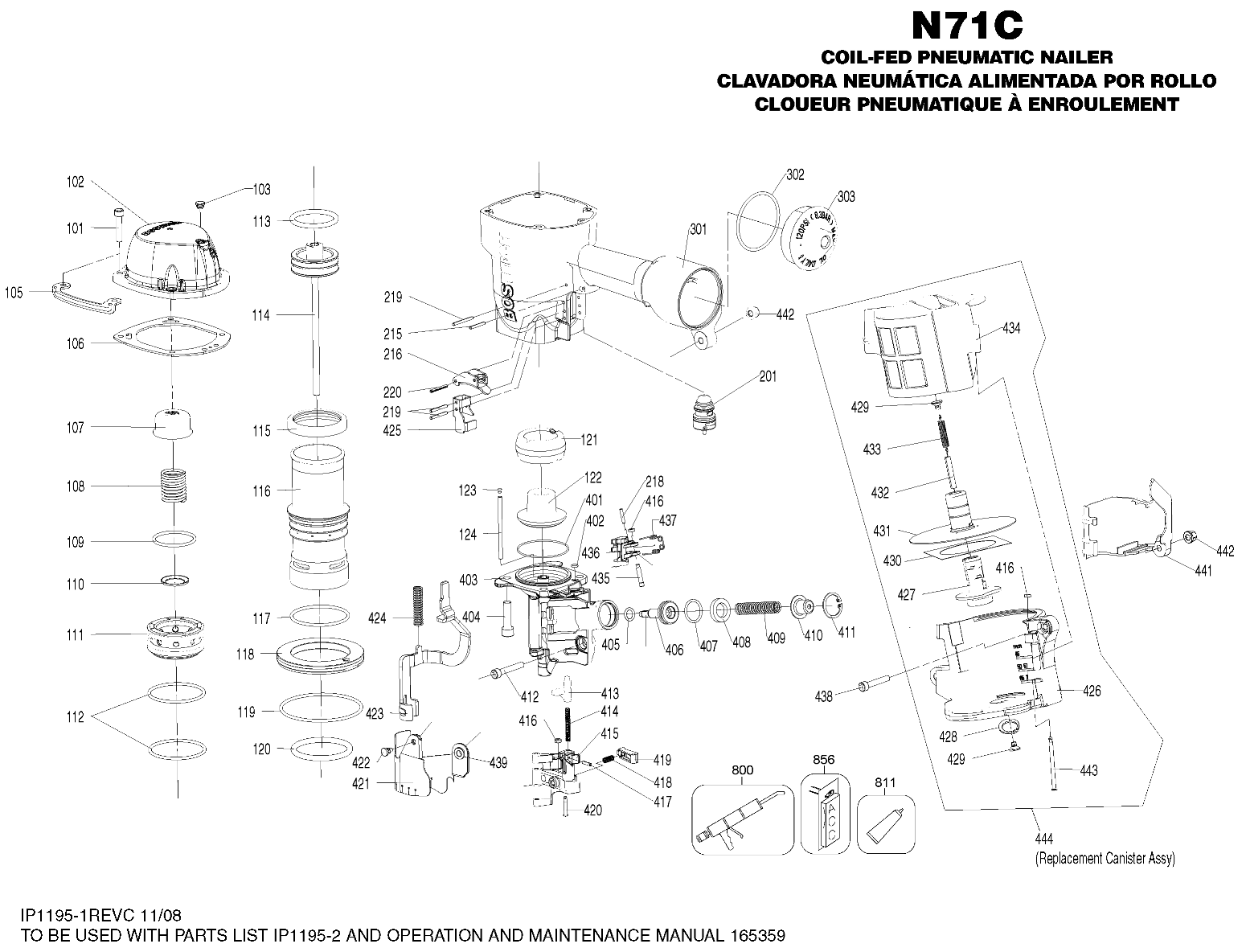 Default Diagram and Parts List for N71C Type 0 Bostitch Nailer