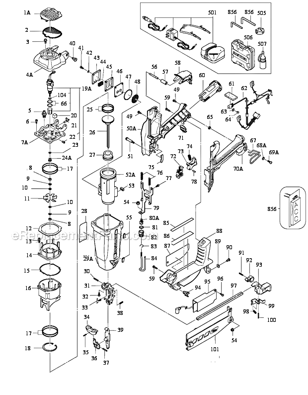 Page A Diagram and Parts List for GFN1664K Type 0 Bostitch Nailer