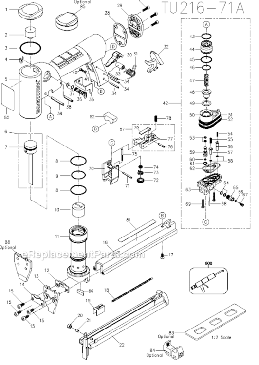 Page A Diagram and Parts List for TU216-71A Type 0 Bostitch Nailer