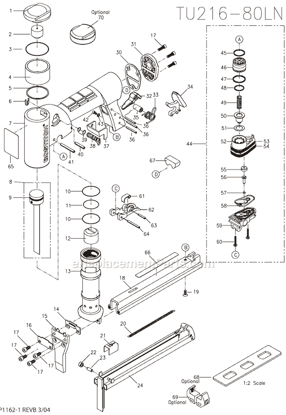 Page A Diagram and Parts List for TU216-80LN  Bostitch Nailer