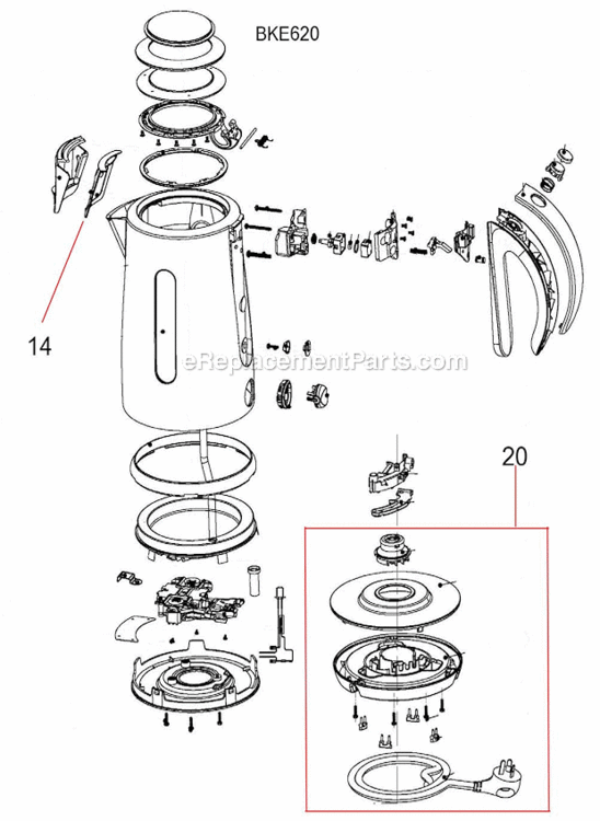 Page A Diagram and Parts List for BKE620XL  Breville Kettle