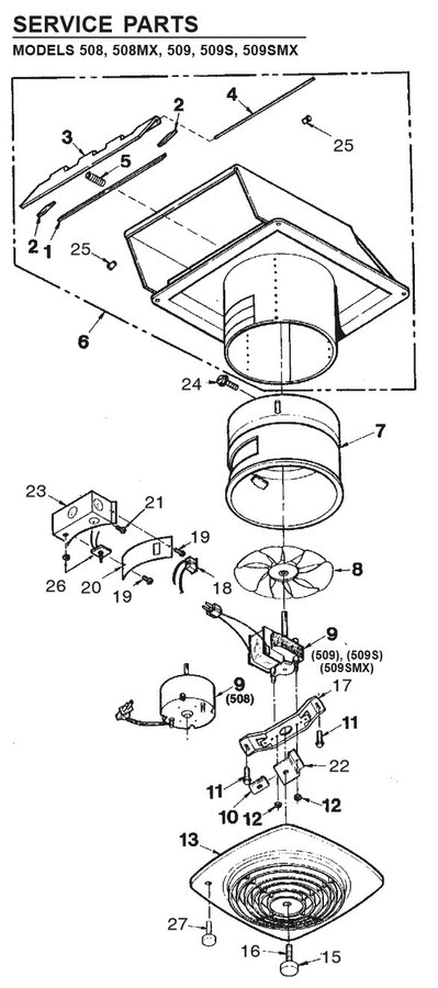 Part List Diagram and Parts List for 509N  Broan Bath & Ventilation Fan