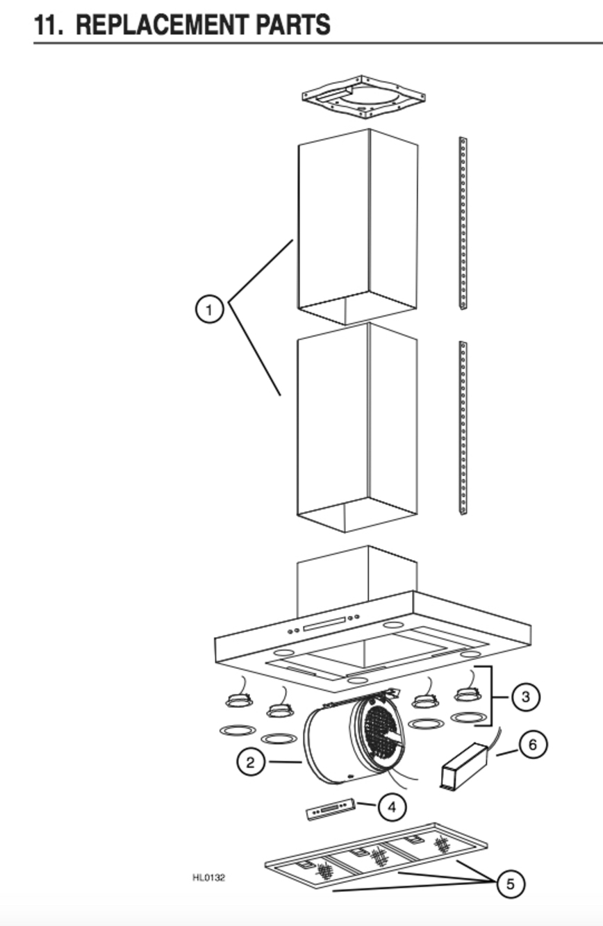 Part List Diagram and Parts List for VJ70636SS  Broan Range Hood