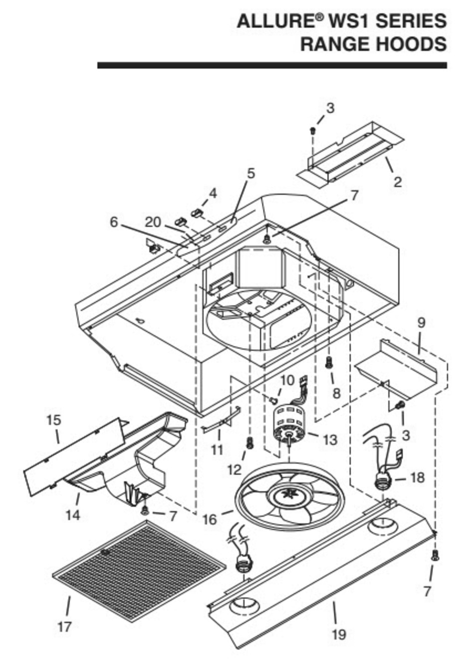 Part List Diagram and Parts List for WS130SSC  Broan Range Hood