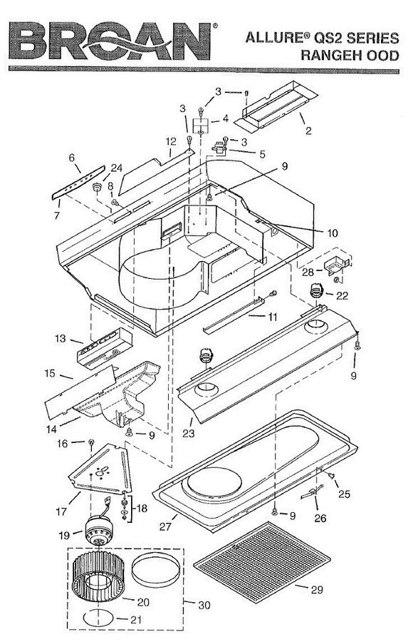 Part List Diagram and Parts List for QS230BLN  Broan Range Hood