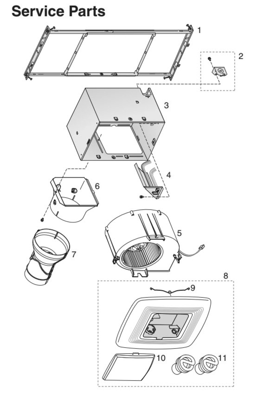 Part List Diagram and Parts List for RB110LC  Broan Bath & Ventilation Fan