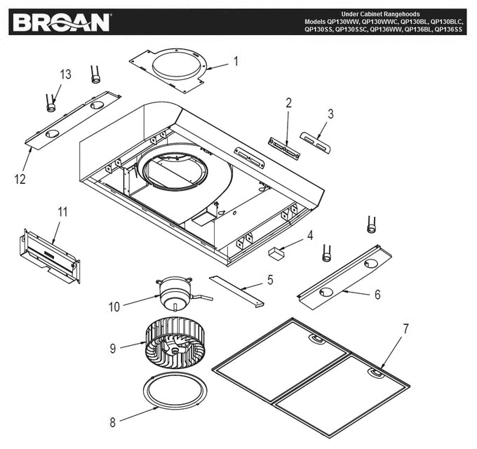 Part List Diagram and Parts List for QP130SSC  Broan Range Hood