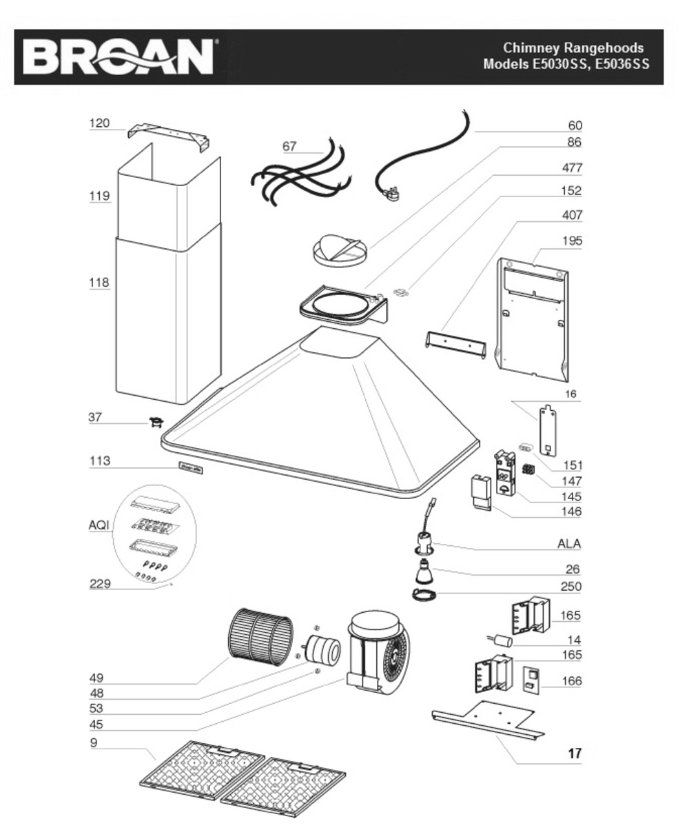 Part List Diagram and Parts List for E5036SS  Broan Range Hood
