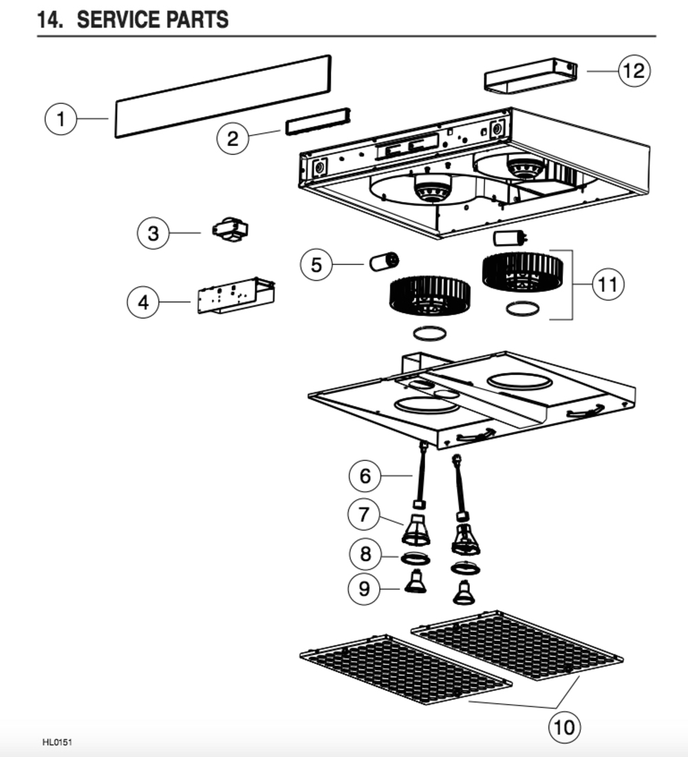 Part List Diagram and Parts List for C70030WH  Broan Range Hood