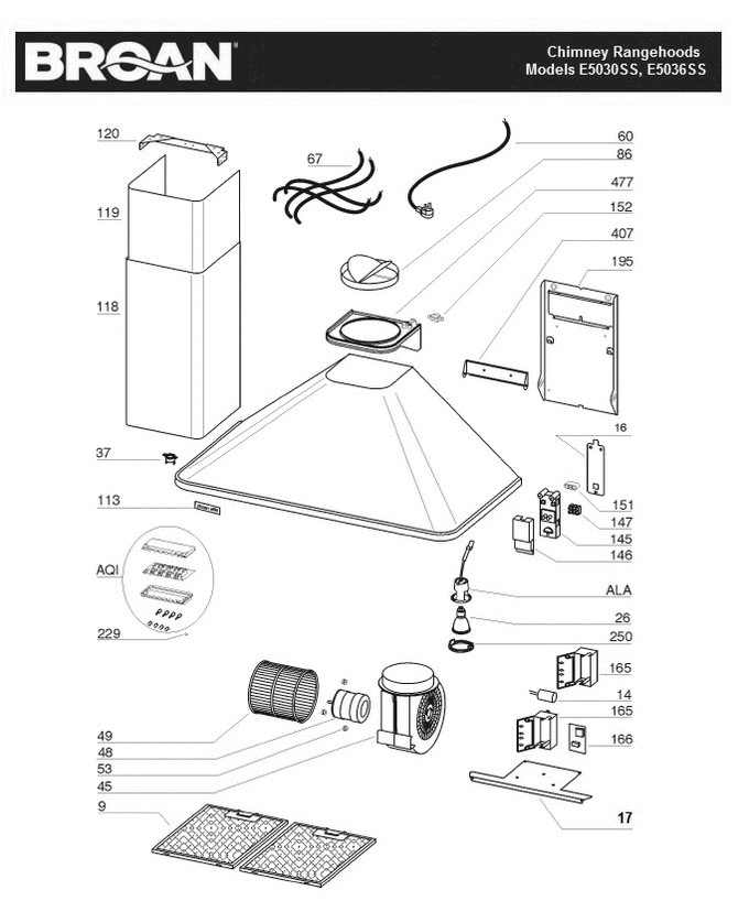 Part List Diagram and Parts List for E5030SS  Broan Bath & Ventilation Fan