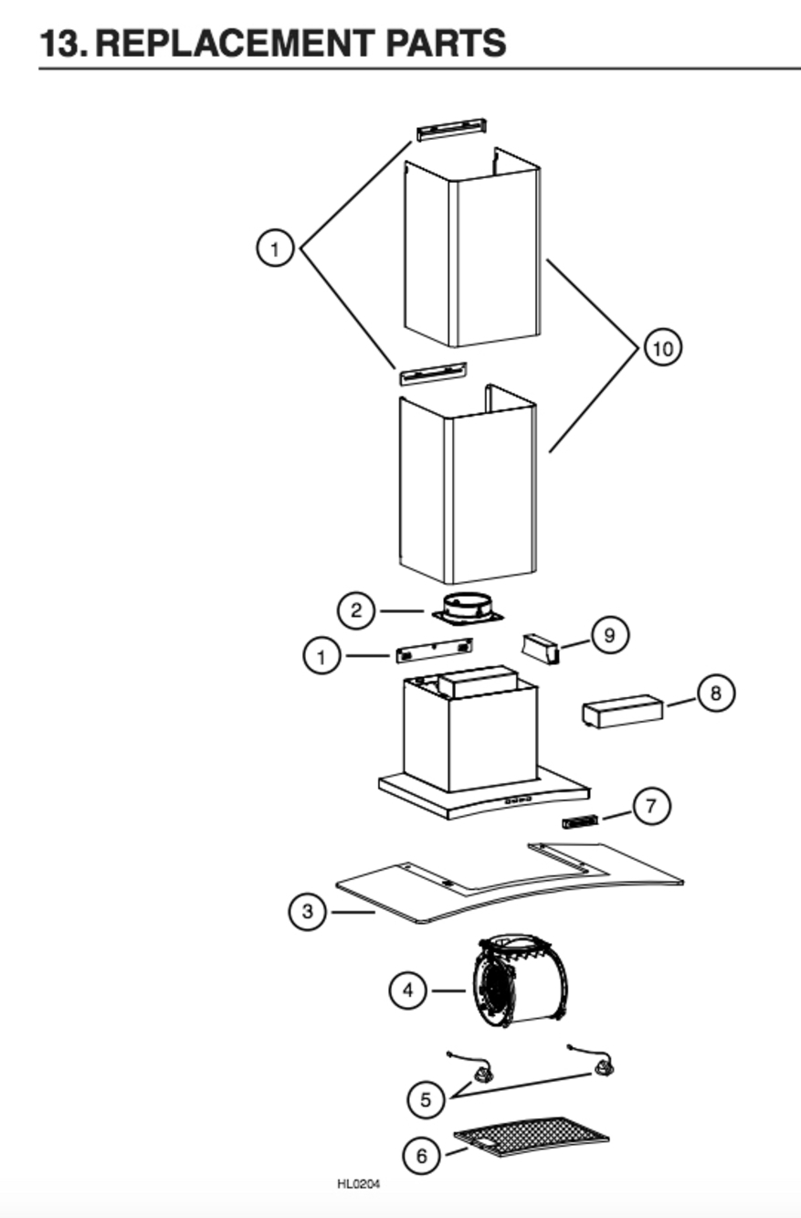 Part List Diagram and Parts List for VJ61030SS  Broan Range Hood