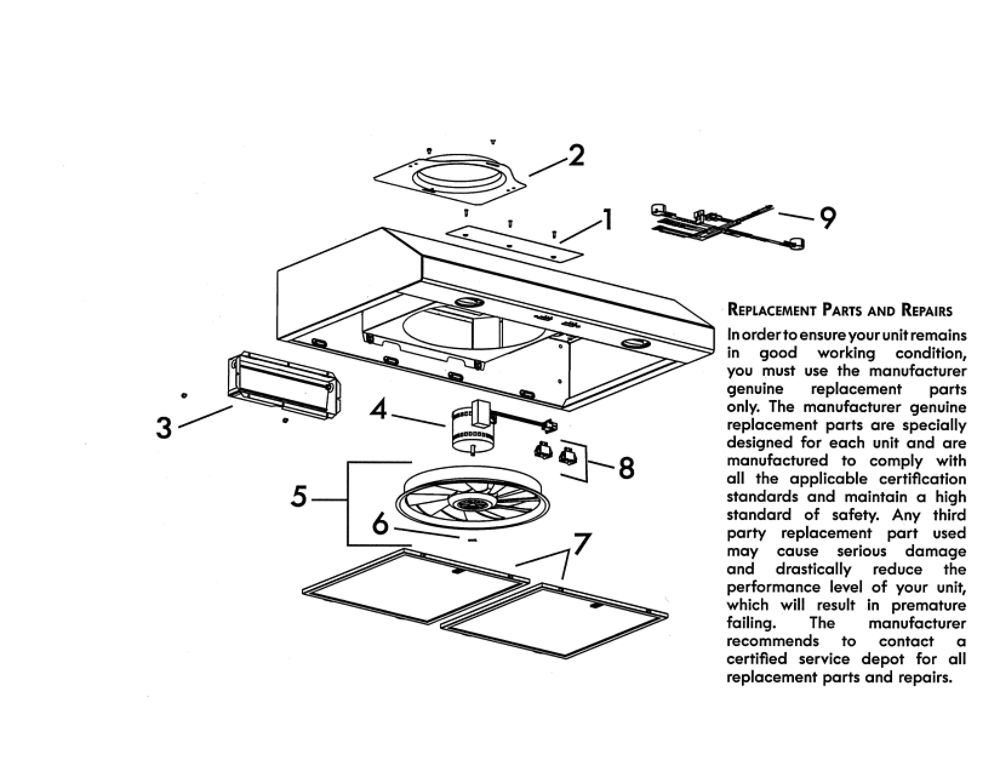 Range Hood Diagram and Parts List for 23351269710  Broan Range Hood