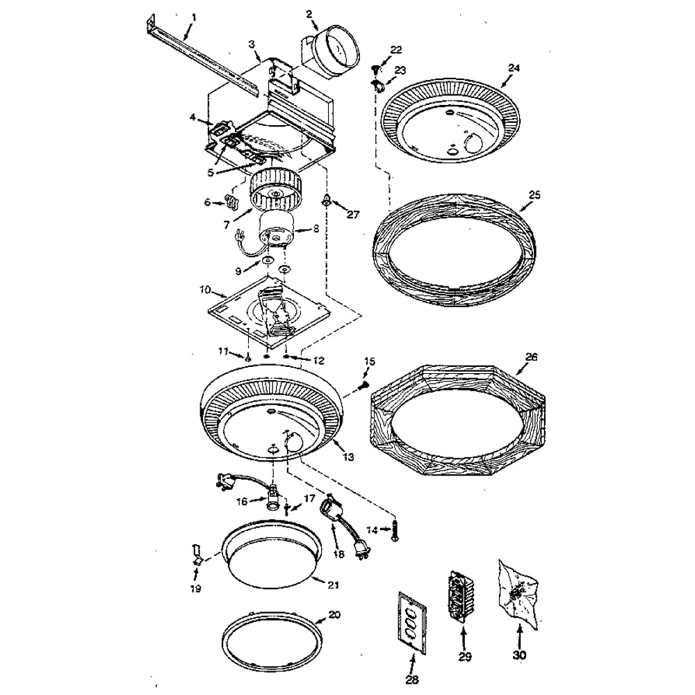 Replacement Parts Diagram and Parts List for N721AND721  Broan Fan