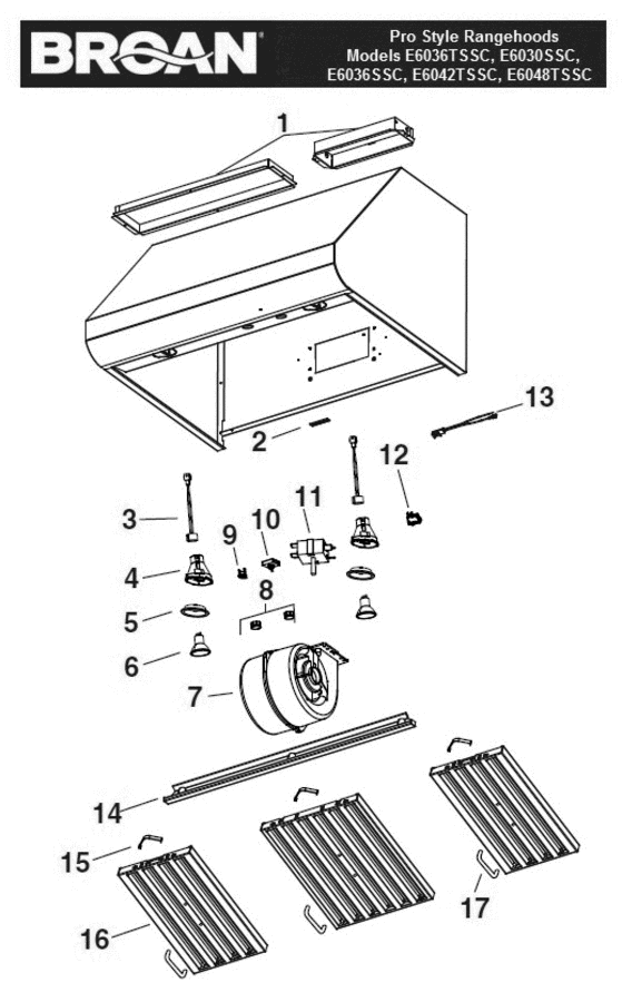 Part List Diagram and Parts List for E6030SSC  Broan Range Hood