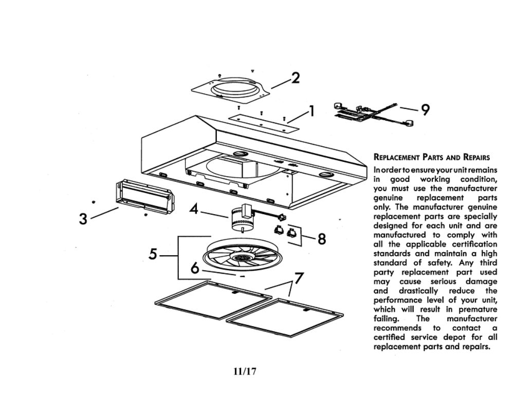 Range Hood Diagram and Parts List for 23351262710  Broan Range Hood